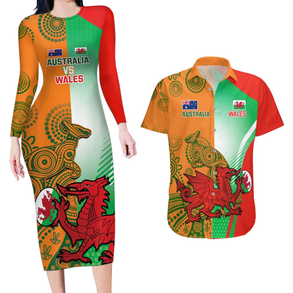 Custom Australia And Wales Rugby Couples Matching Long Sleeve Bodycon Dress and Hawaiian Shirt Wallabies Welsh Mascots Dynamic Version - Wonder Print Shop