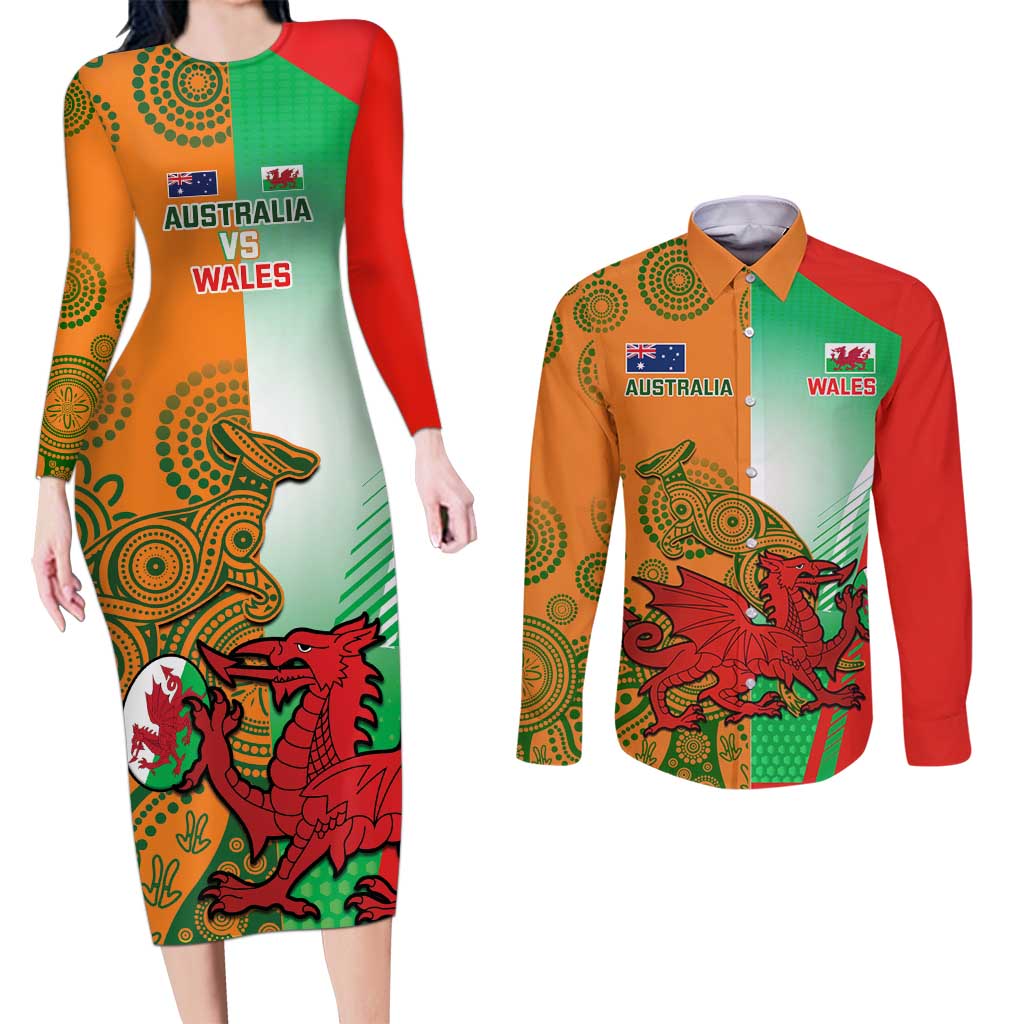 Custom Australia And Wales Rugby Couples Matching Long Sleeve Bodycon Dress and Long Sleeve Button Shirt Wallabies Welsh Mascots Dynamic Version - Wonder Print Shop