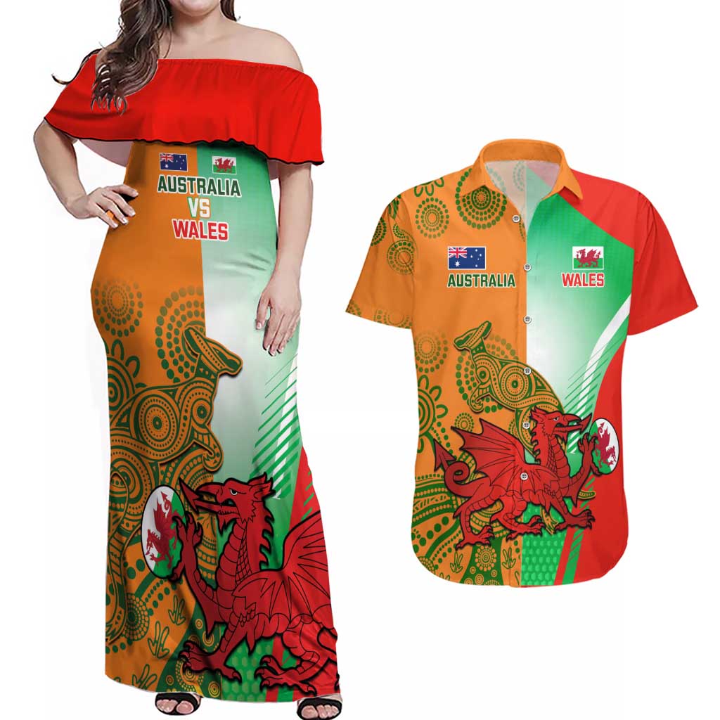 Custom Australia And Wales Rugby Couples Matching Off Shoulder Maxi Dress and Hawaiian Shirt Wallabies Welsh Mascots Dynamic Version - Wonder Print Shop