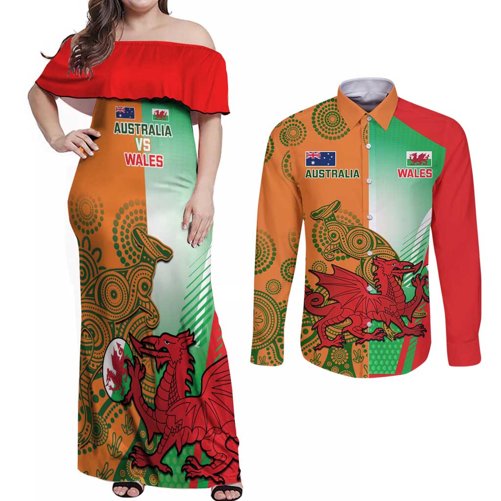 Custom Australia And Wales Rugby Couples Matching Off Shoulder Maxi Dress and Long Sleeve Button Shirt Wallabies Welsh Mascots Dynamic Version - Wonder Print Shop