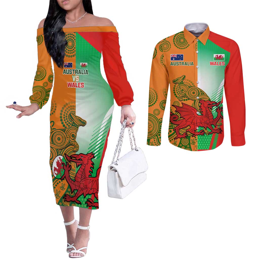 Custom Australia And Wales Rugby Couples Matching Off The Shoulder Long Sleeve Dress and Long Sleeve Button Shirt Wallabies Welsh Mascots Dynamic Version