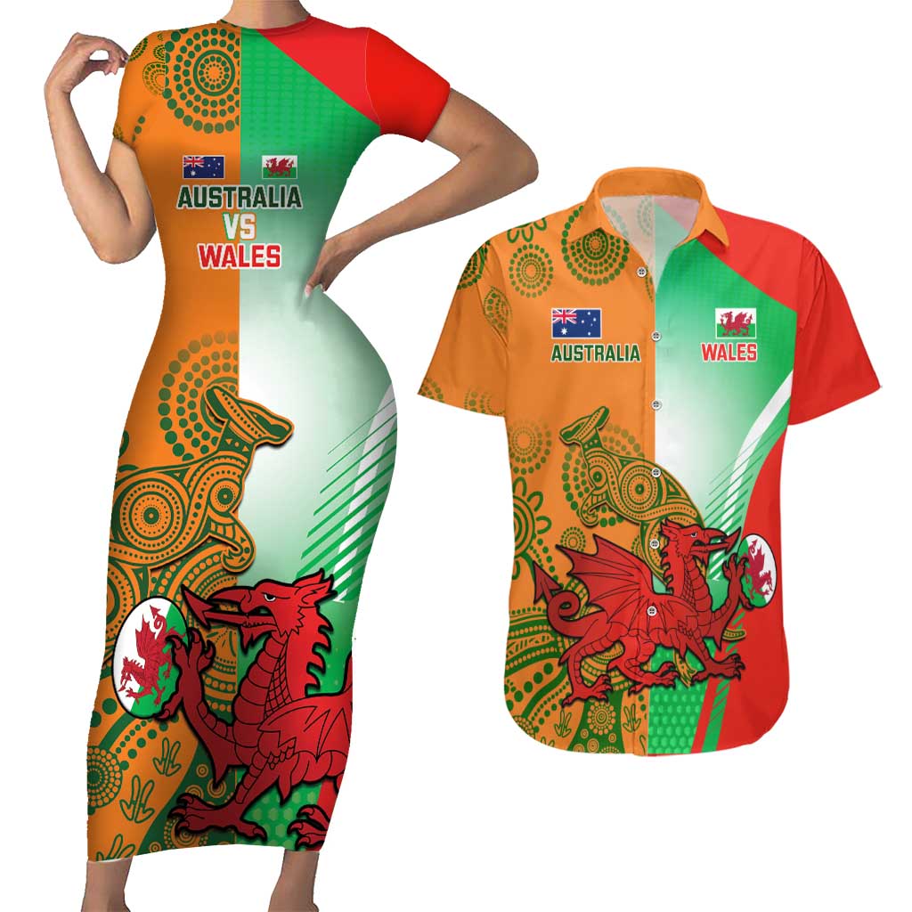 Custom Australia And Wales Rugby Couples Matching Short Sleeve Bodycon Dress and Hawaiian Shirt Wallabies Welsh Mascots Dynamic Version - Wonder Print Shop