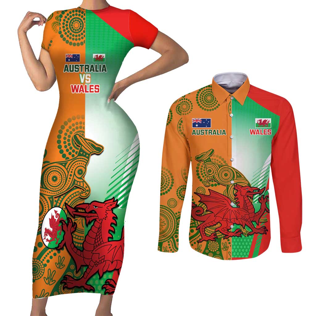 Custom Australia And Wales Rugby Couples Matching Short Sleeve Bodycon Dress and Long Sleeve Button Shirt Wallabies Welsh Mascots Dynamic Version - Wonder Print Shop