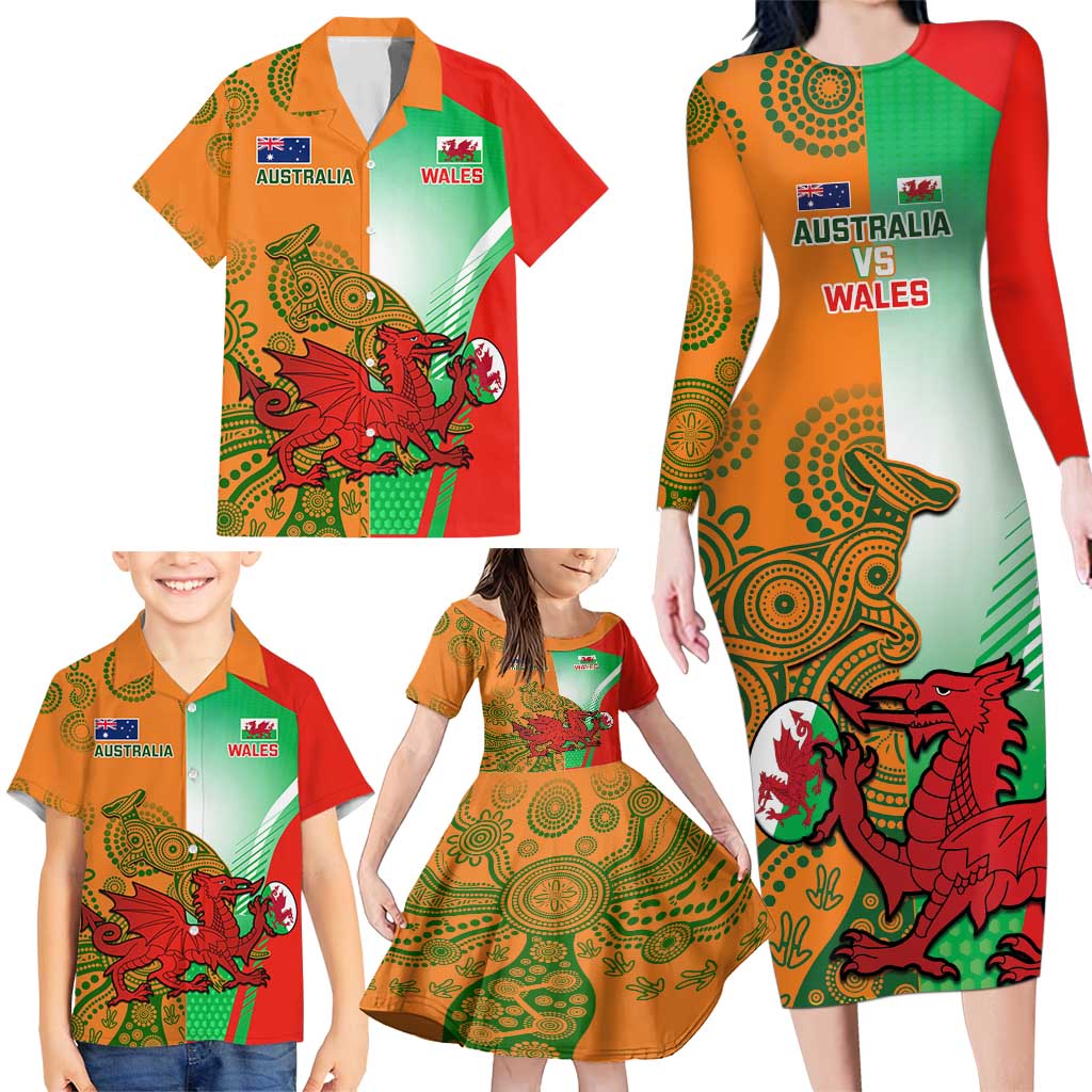 Custom Australia And Wales Rugby Family Matching Long Sleeve Bodycon Dress and Hawaiian Shirt Wallabies Welsh Mascots Dynamic Version - Wonder Print Shop