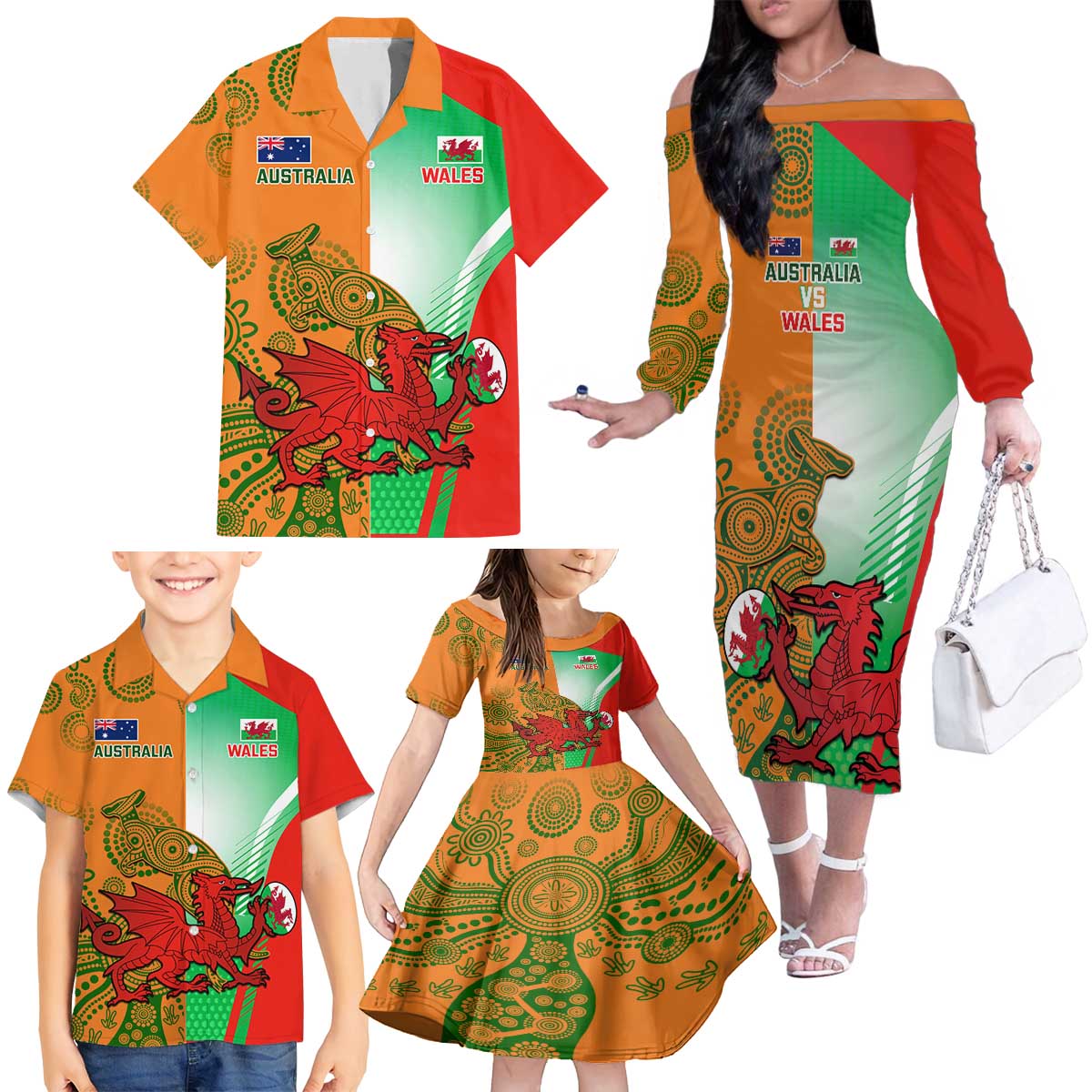 Custom Australia And Wales Rugby Family Matching Off The Shoulder Long Sleeve Dress and Hawaiian Shirt Wallabies Welsh Mascots Dynamic Version - Wonder Print Shop