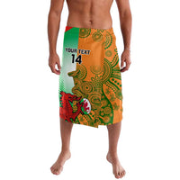 Men's custom rugby lavalava skirt, green and orange with mascots and number 14