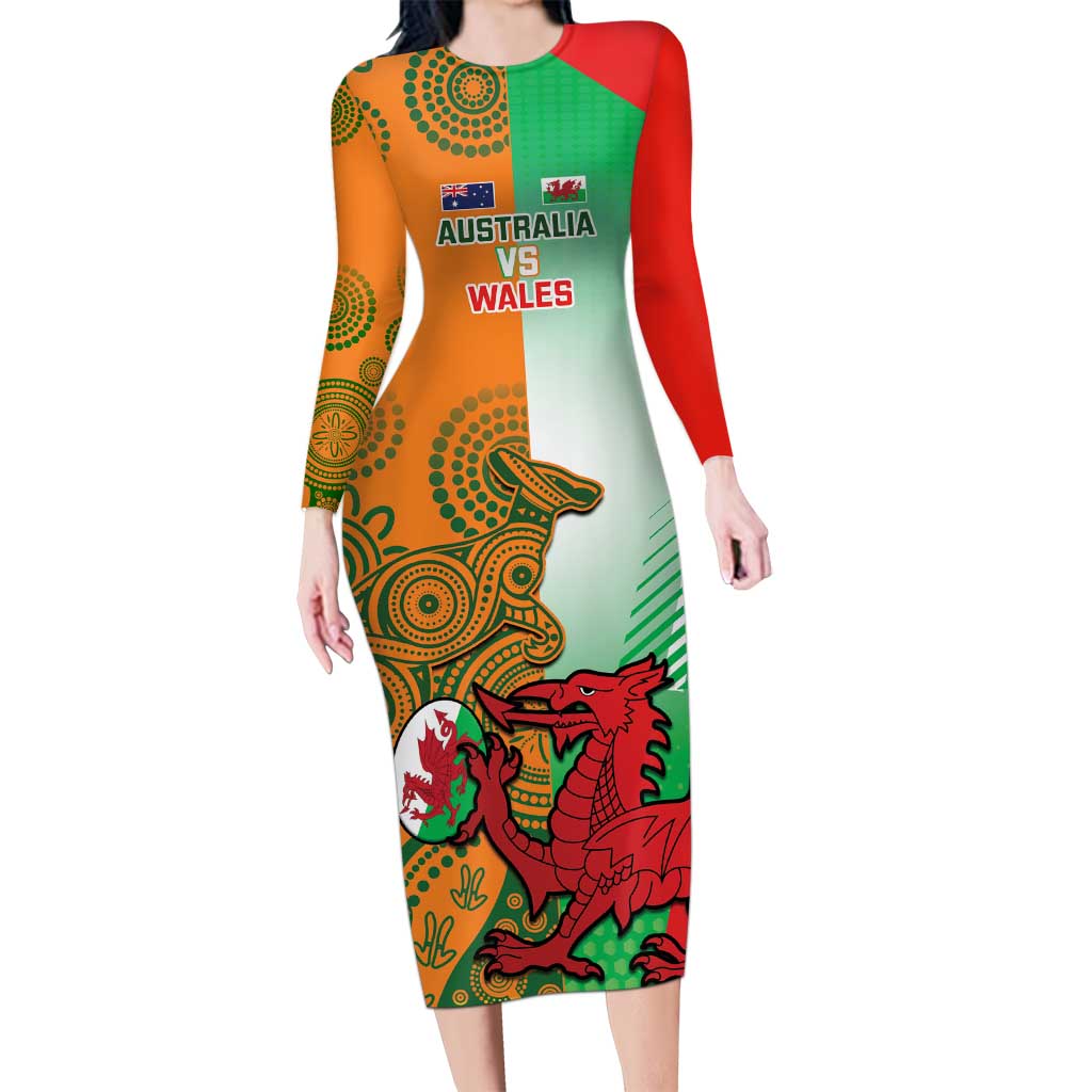 Custom Australia And Wales Rugby Long Sleeve Bodycon Dress Wallabies Welsh Mascots Dynamic Version - Wonder Print Shop