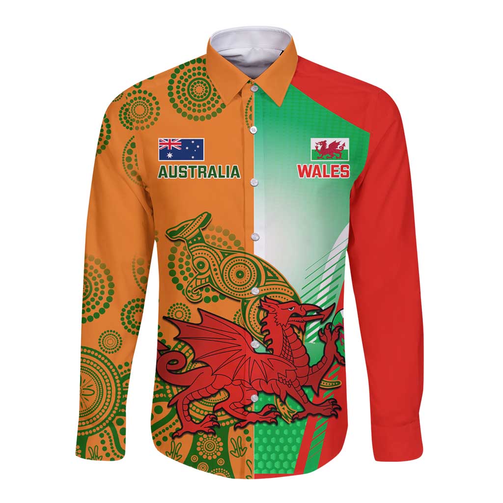 Rugby long sleeve button shirt, red green orange panel with Australia and Wales crest