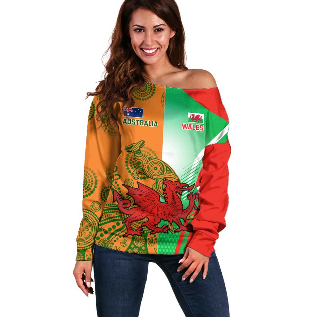 Custom Australia And Wales Rugby Off Shoulder Sweater Wallabies Welsh Mascots Dynamic Version - Wonder Print Shop