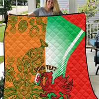 Quilt blanket with red, green, white, and orange panels; kangaroo graphic and custom text