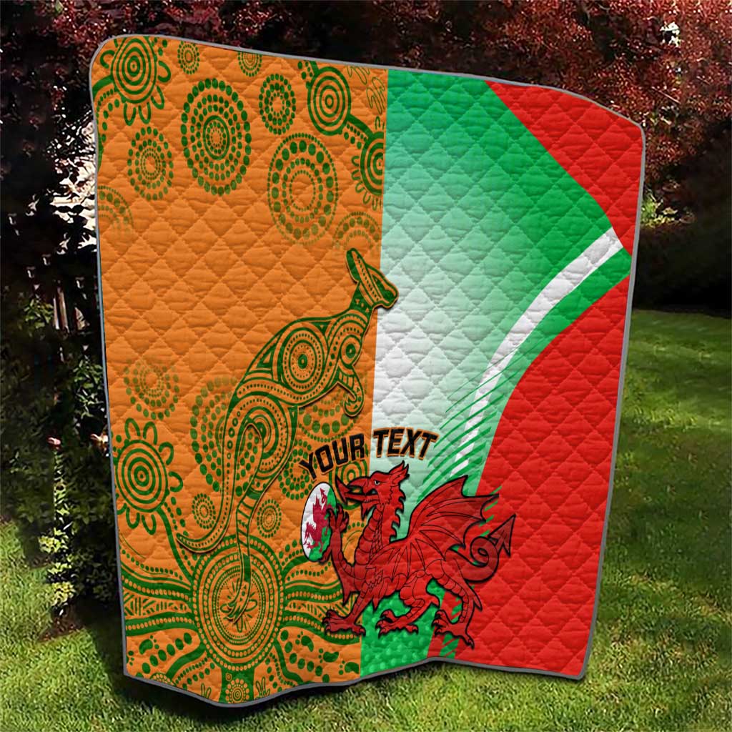 Quilt blanket with red, green, white, and orange panels; kangaroo outline and custom text