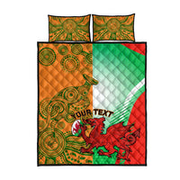 Rugby quilt bed set with matching pillows in green, red, and orange patterned design