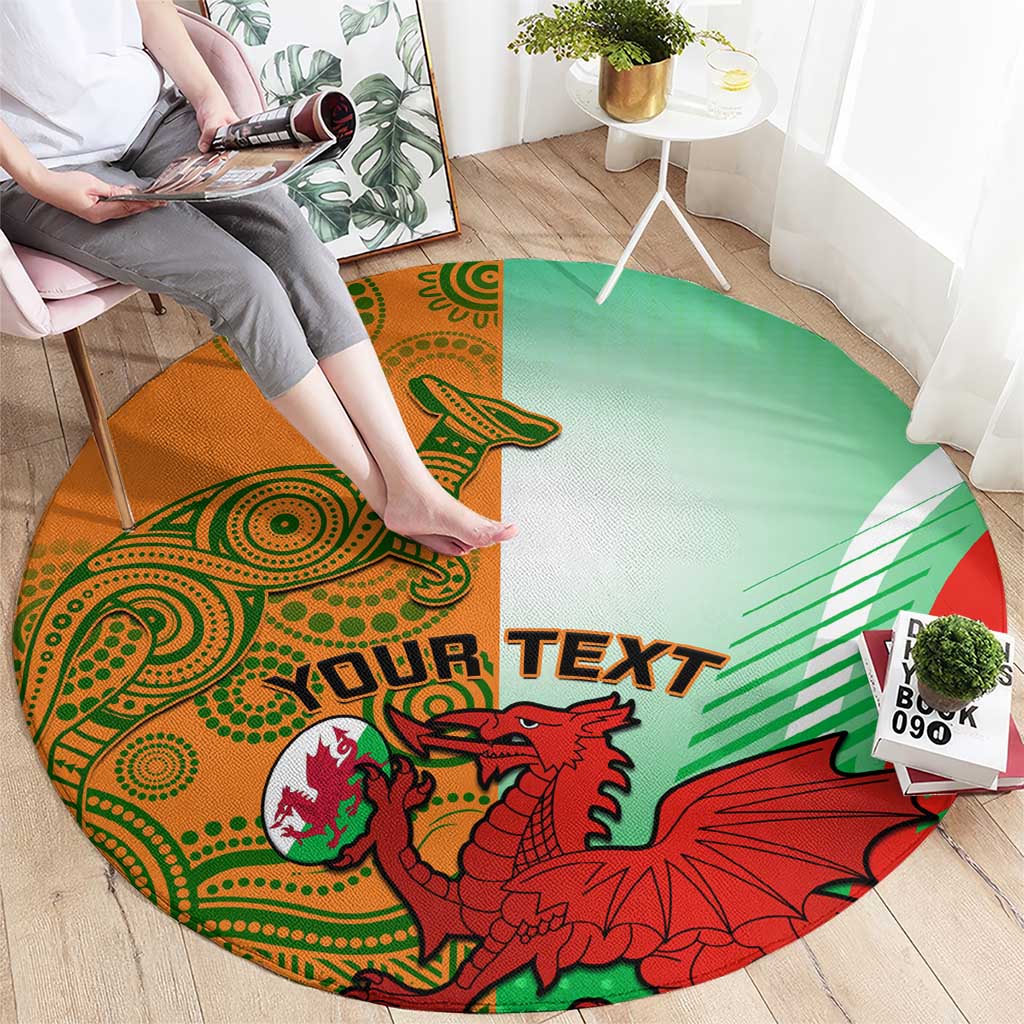 Round rug corner view with green and orange tribal print, red dragon and 'YOUR TEXT'