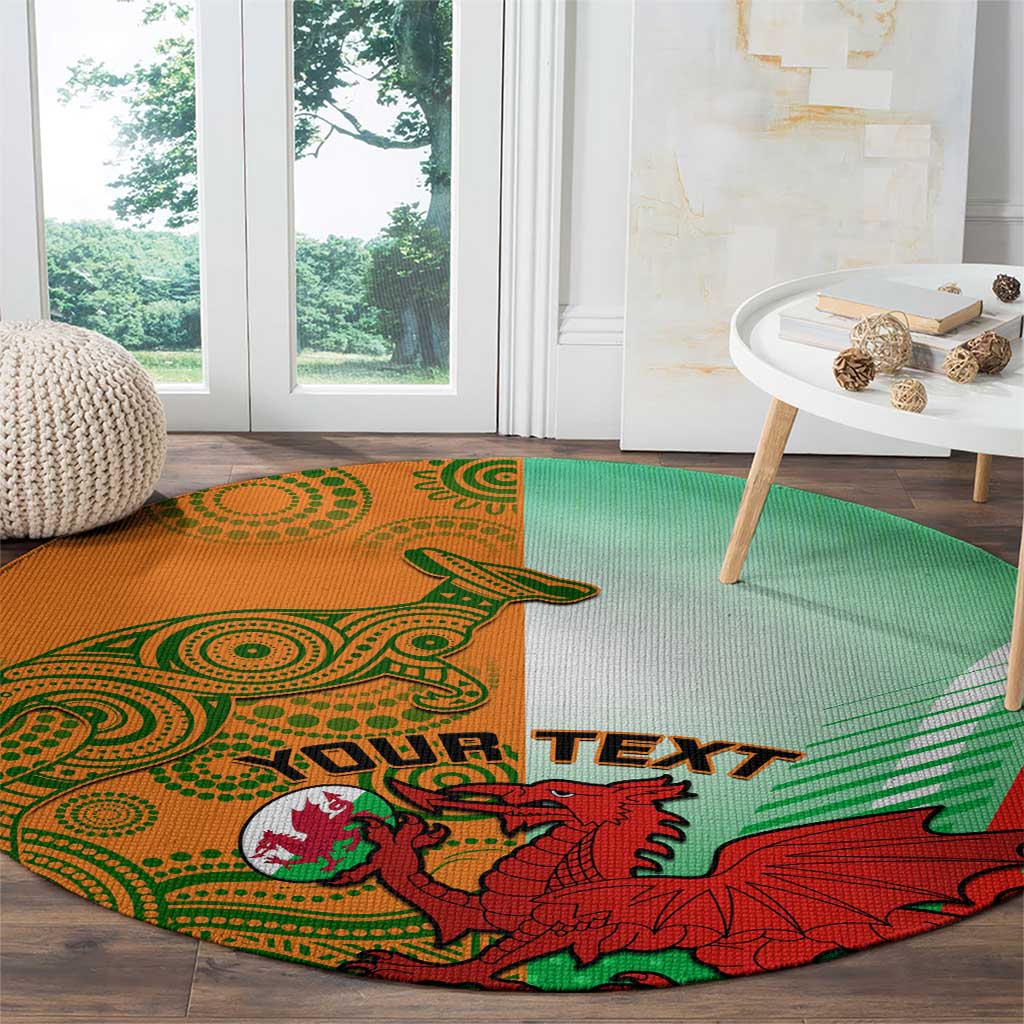 Round rug on wood floor with green-orange tribal design, red dragon and 'YOUR TEXT' text