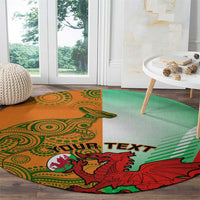 Round rug on wood floor with green-orange tribal design, red dragon and 'YOUR TEXT' text