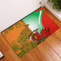 Corner view of colorful rugby doormat with kangaroo and red dragon, green/orange/red, 'YOUR TEXT'