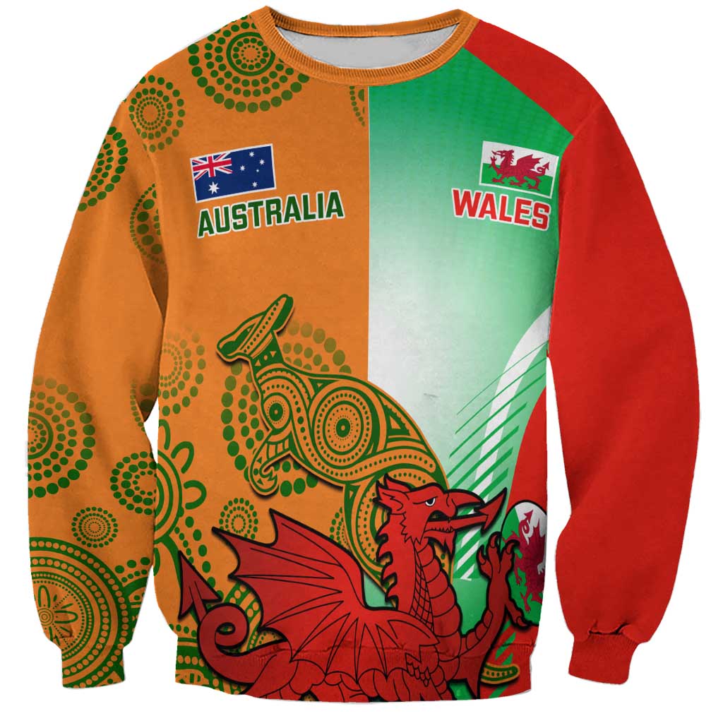 Multicolor rugby sweatshirt with Australia and Wales flag panels and dragon mascot