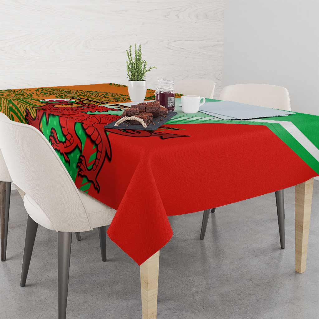 Red and green rugby tablecloth on dining table with patterned creature print and white stripes