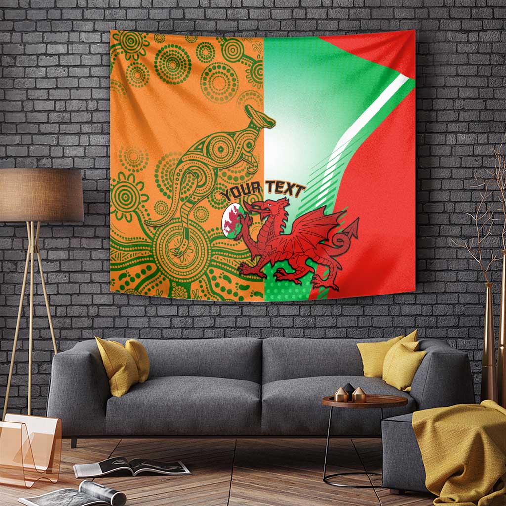 Rugby tapestry wall hanging with Australia and Wales crest mascots in red, green, orange