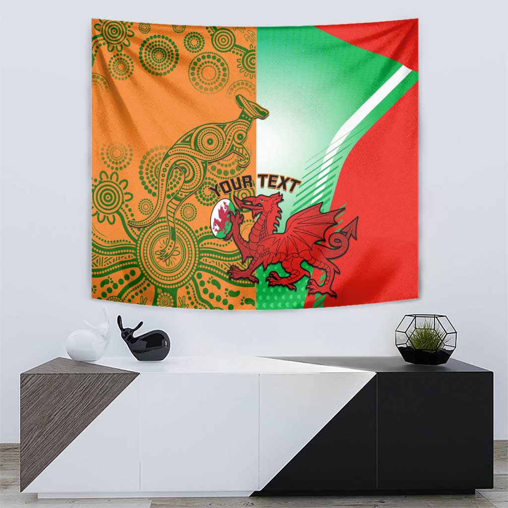 Rugby tapestry wall hanging with green and white diagonal stripe, red flag and mascots