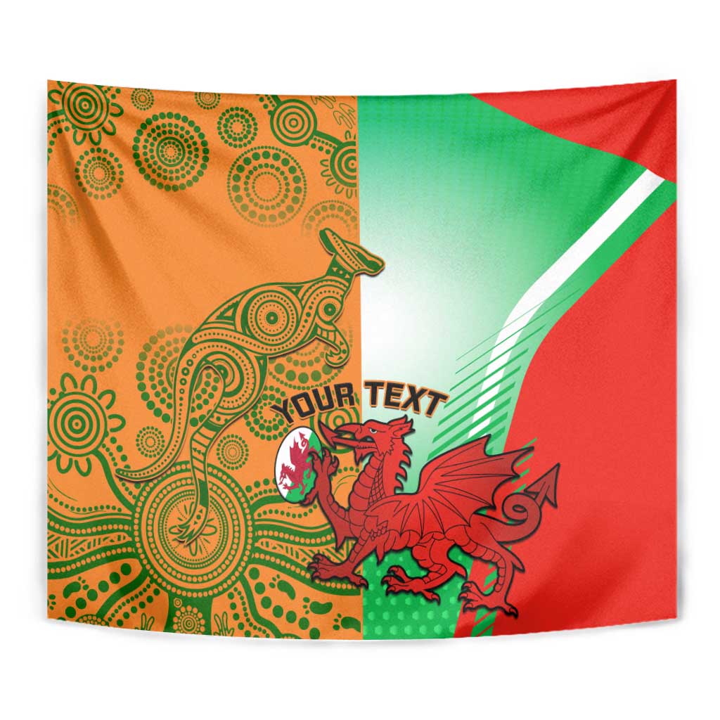 Rugby tapestry wall hanging with colorful Australia and Wales mascots and custom text