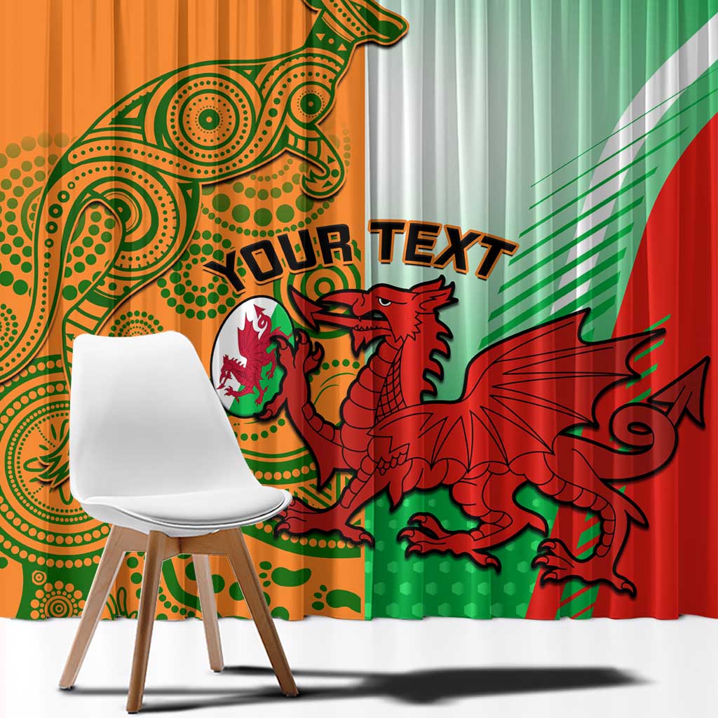 Rugby window curtain close-up, orange swirl print and green-red dragon with custom text
