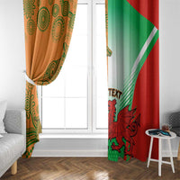 Rugby window curtain set, left orange panel and right green-red panel with mascot art