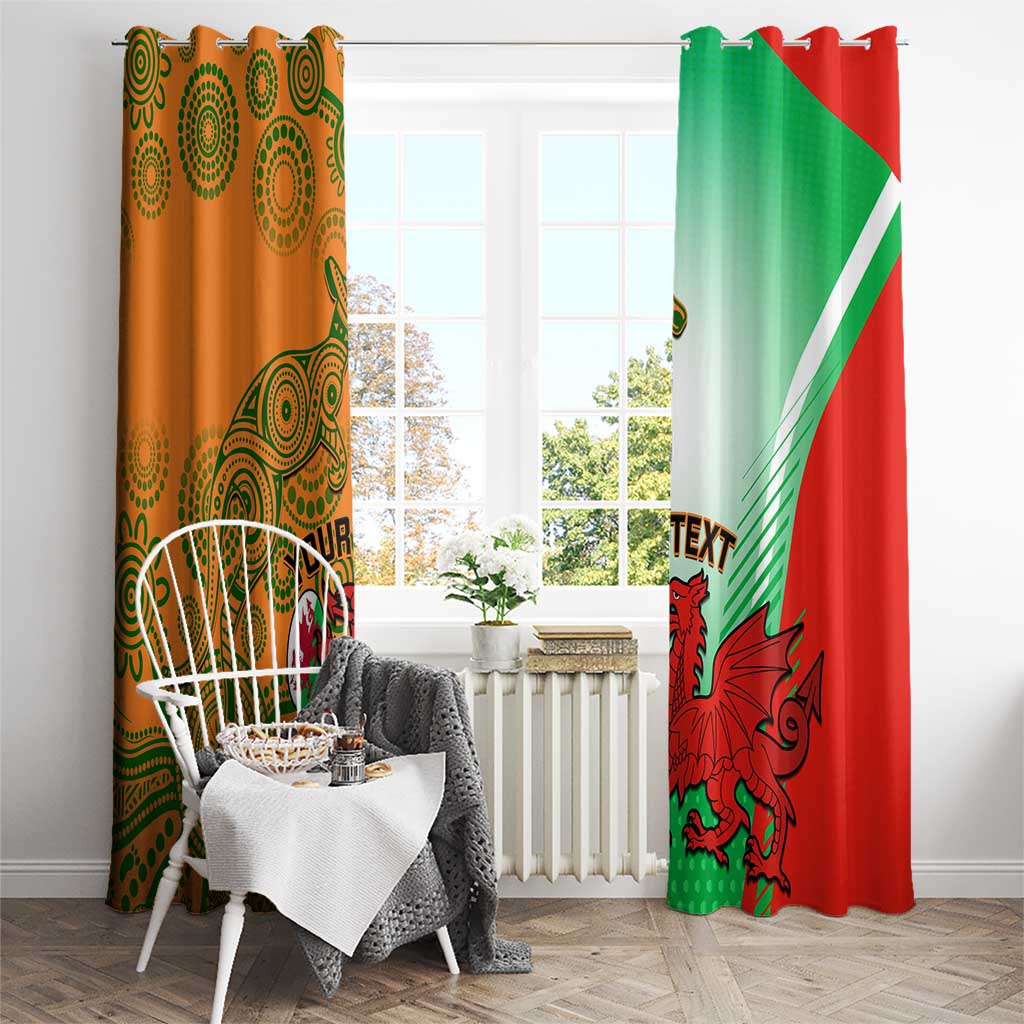 Rugby window curtain set, orange and green with rooster and dragon mascots, red panel