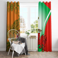 Rugby window curtain set, orange and green with rooster and dragon mascots, red panel