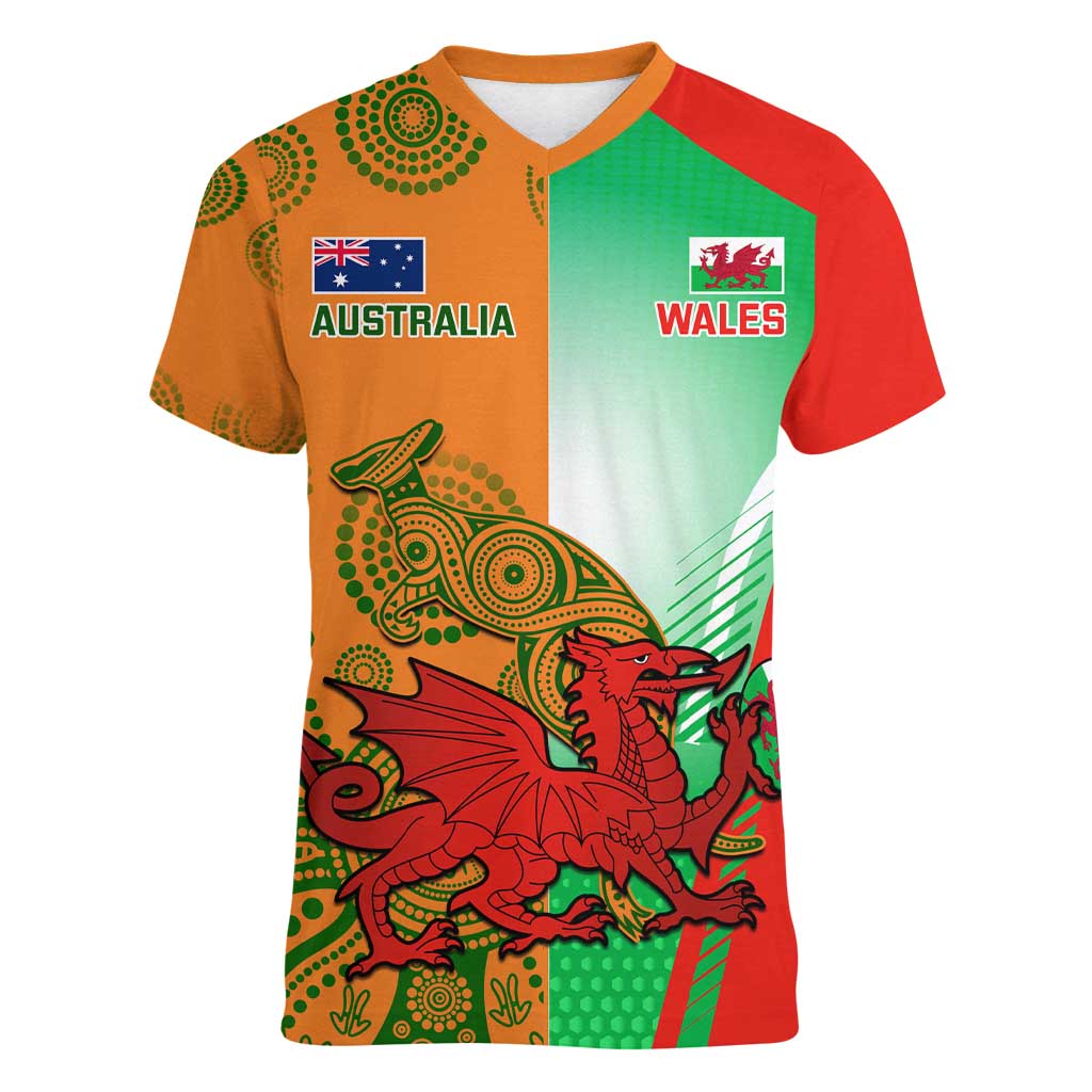 Custom Australia And Wales Rugby Women V-Neck T-Shirt Wallabies Welsh Mascots Dynamic Version