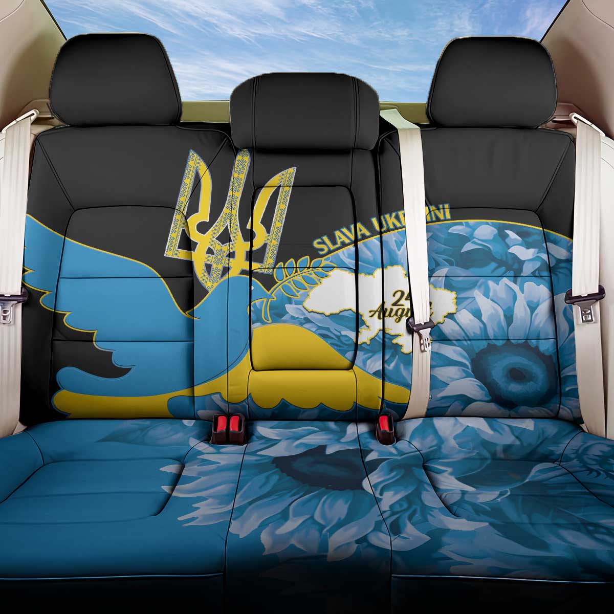 Ukraine Independence Day Back Car Seat Cover Slava Ukraini Ukrainian Trident With Sunflowers - Wonder Print Shop