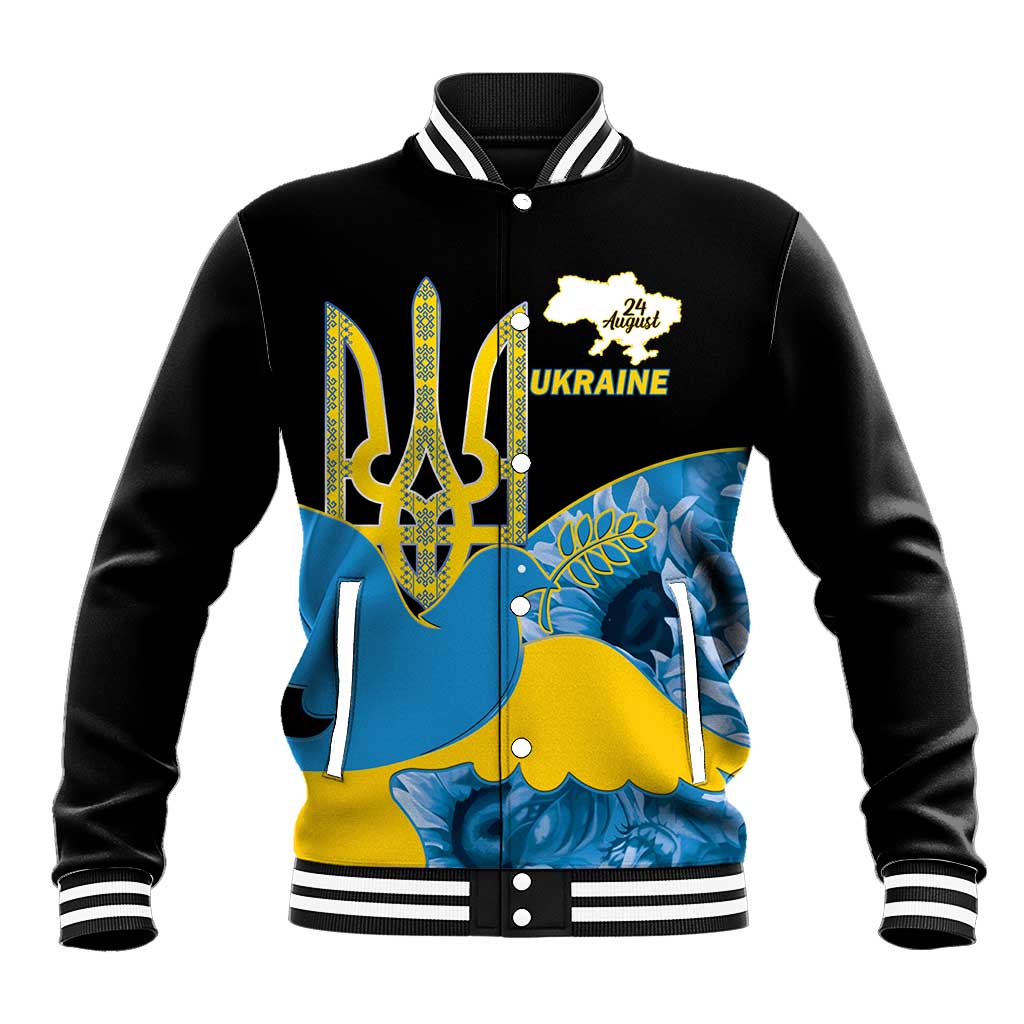 Black unisex baseball jacket with blue-yellow trident and sunflower graphic