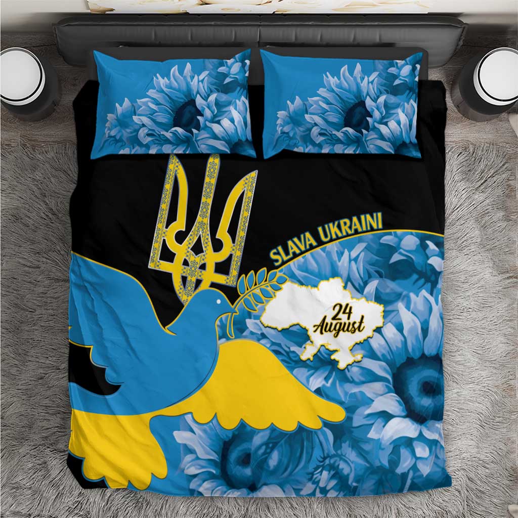 Black duvet cover bedding set with blue flower pillows and gold trident emblem