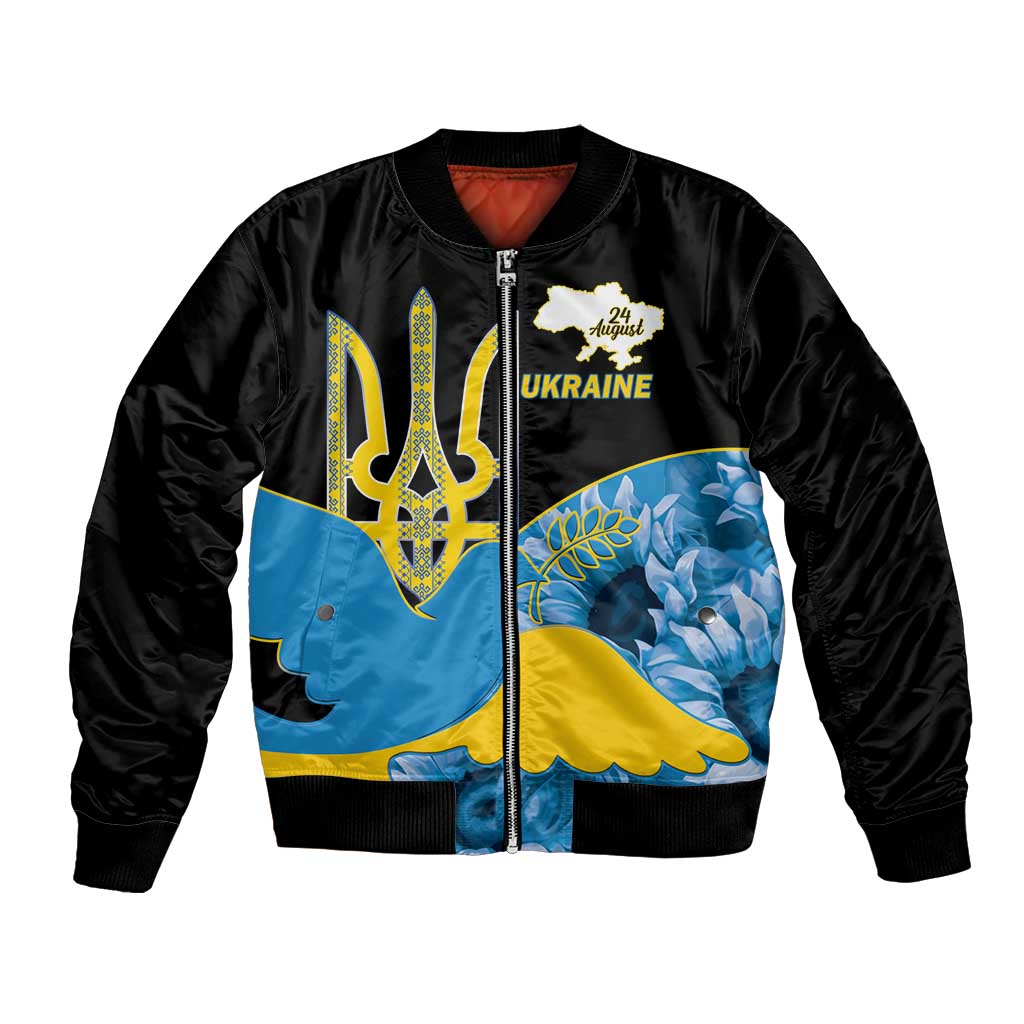 Ukraine Independence Day Bomber Jacket Slava Ukraini Ukrainian Trident With Sunflowers - Wonder Print Shop