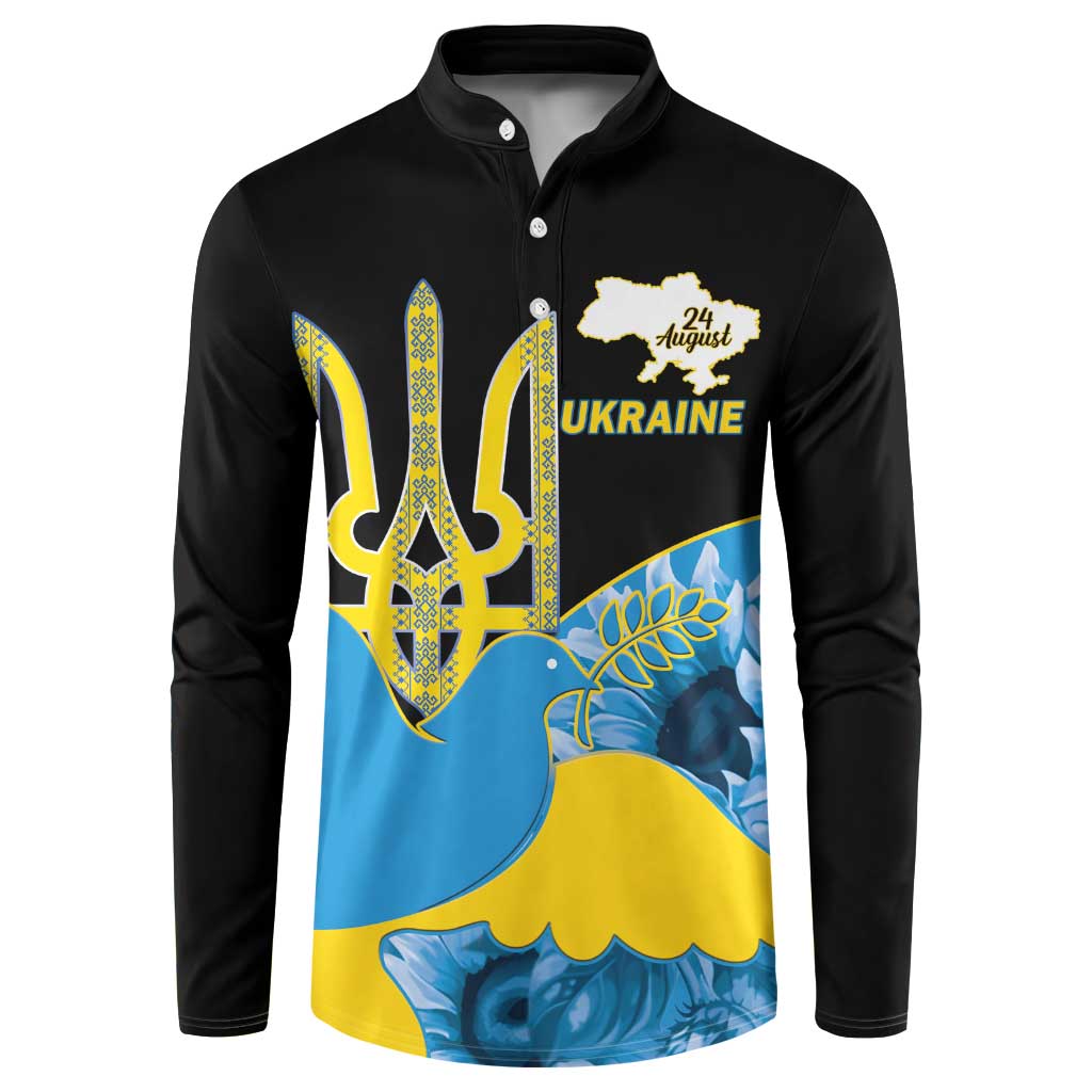 Black henley sweatshirt with blue-yellow trident graphic and blue floral accents