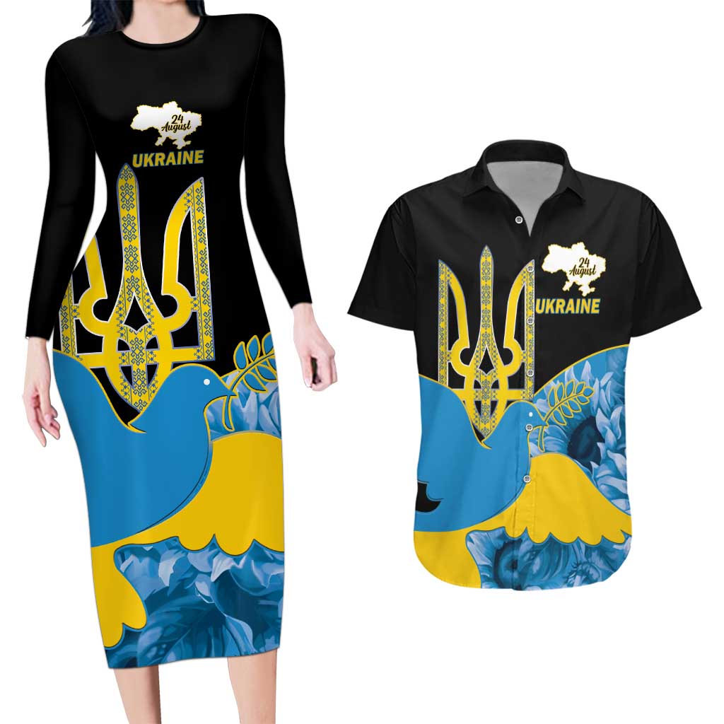 Ukraine Independence Day Couples Matching Long Sleeve Bodycon Dress and Hawaiian Shirt Slava Ukraini Ukrainian Trident With Sunflowers - Wonder Print Shop