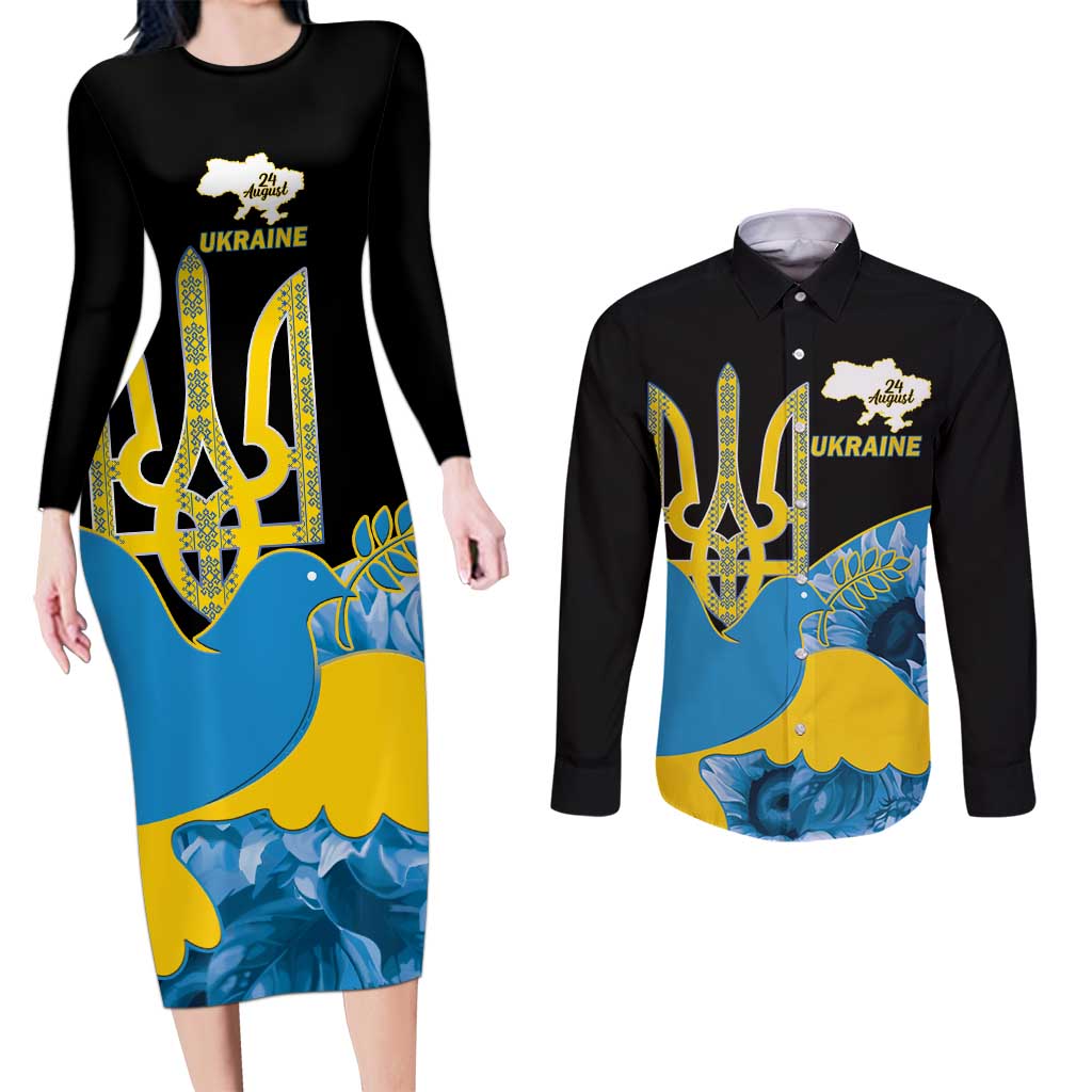 Ukraine Independence Day Couples Matching Long Sleeve Bodycon Dress and Long Sleeve Button Shirt Slava Ukraini Ukrainian Trident With Sunflowers - Wonder Print Shop