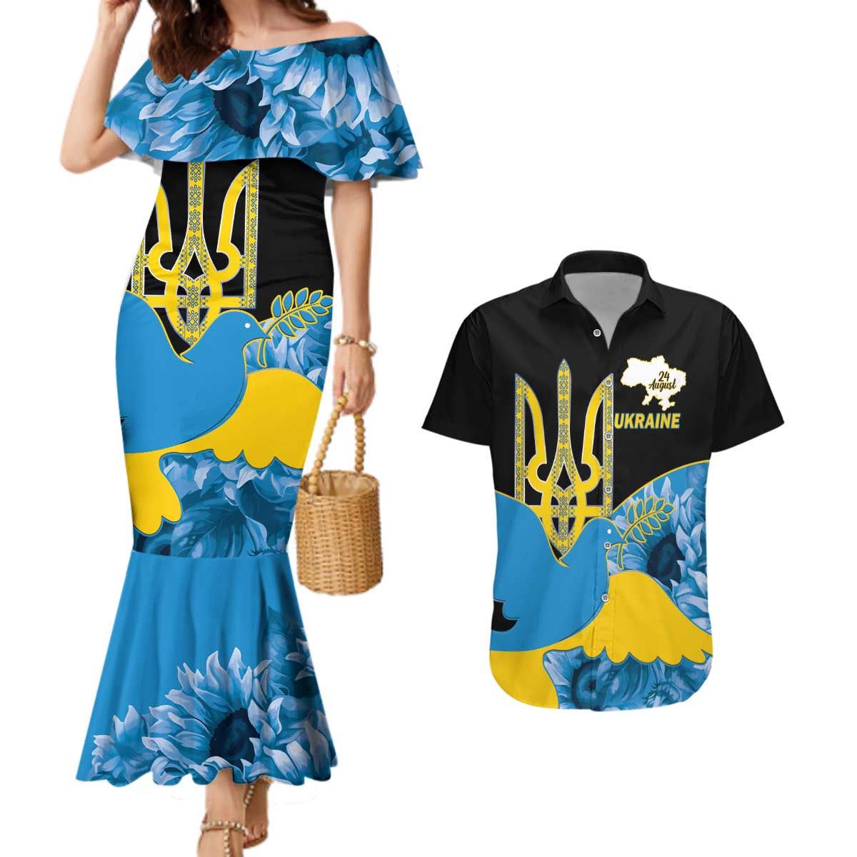 Ukraine Independence Day Couples Matching Mermaid Dress and Hawaiian Shirt Slava Ukraini Ukrainian Trident With Sunflowers - Wonder Print Shop