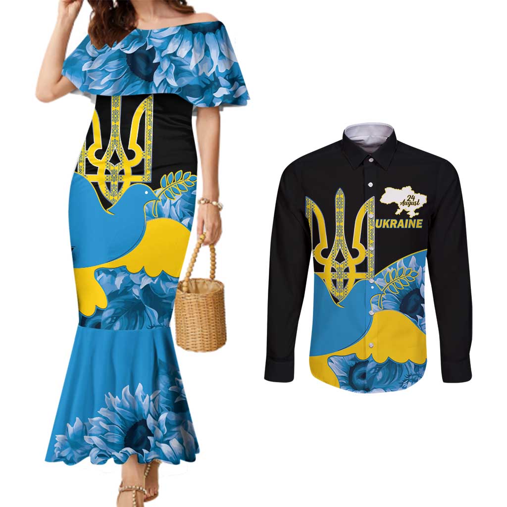 Ukraine Independence Day Couples Matching Mermaid Dress and Long Sleeve Button Shirt Slava Ukraini Ukrainian Trident With Sunflowers