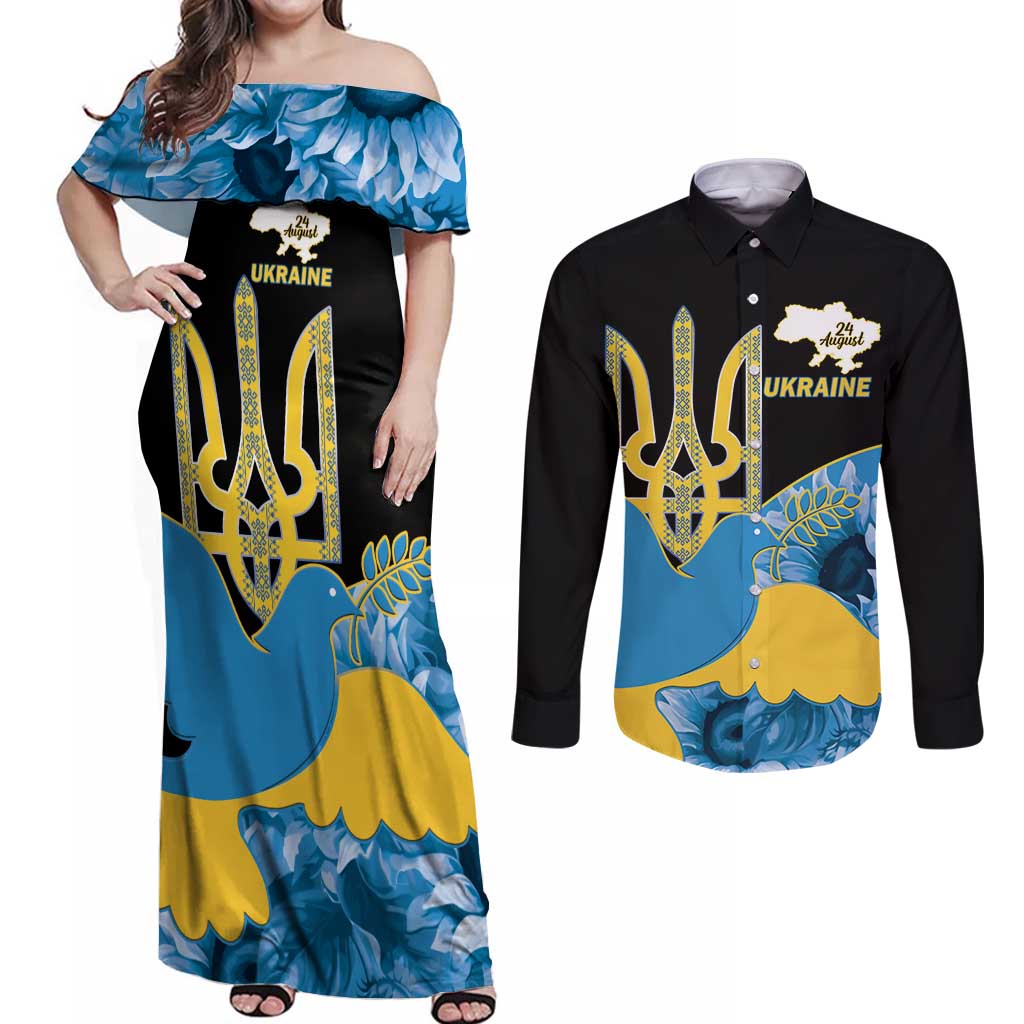 Ukraine Independence Day Couples Matching Off Shoulder Maxi Dress and Long Sleeve Button Shirt Slava Ukraini Ukrainian Trident With Sunflowers - Wonder Print Shop