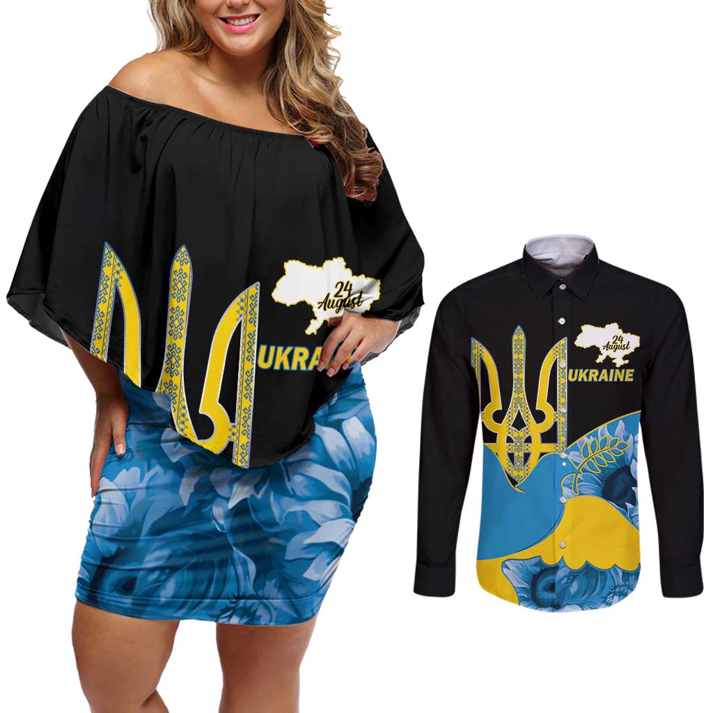 Ukraine Independence Day Couples Matching Off Shoulder Short Dress and Long Sleeve Button Shirt Slava Ukraini Ukrainian Trident With Sunflowers - Wonder Print Shop