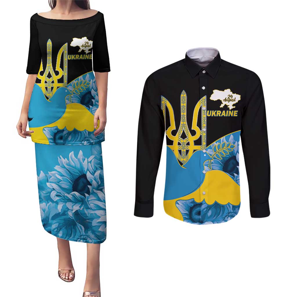 Ukraine Independence Day Couples Matching Puletasi and Long Sleeve Button Shirt Slava Ukraini Ukrainian Trident With Sunflowers - Wonder Print Shop