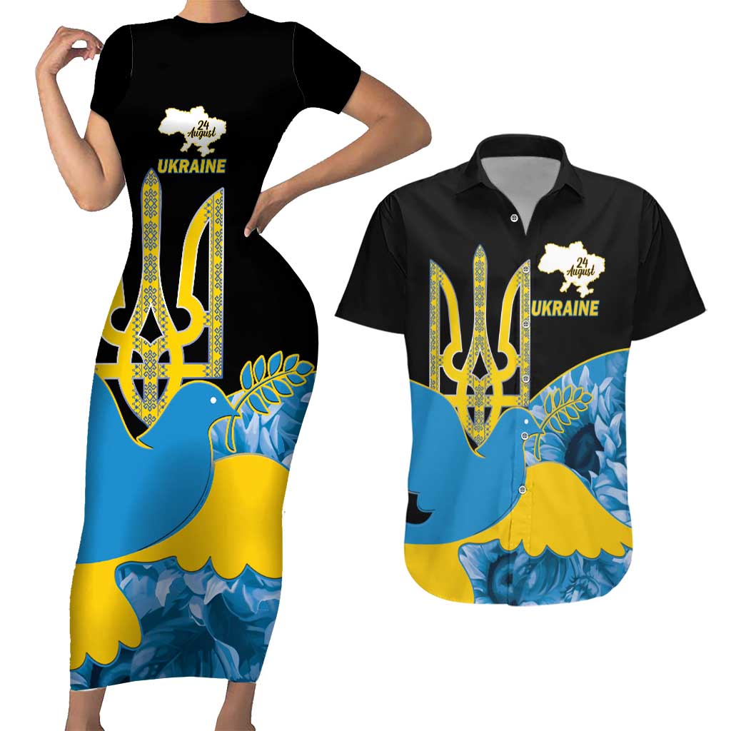 Ukraine Independence Day Couples Matching Short Sleeve Bodycon Dress and Hawaiian Shirt Slava Ukraini Ukrainian Trident With Sunflowers - Wonder Print Shop