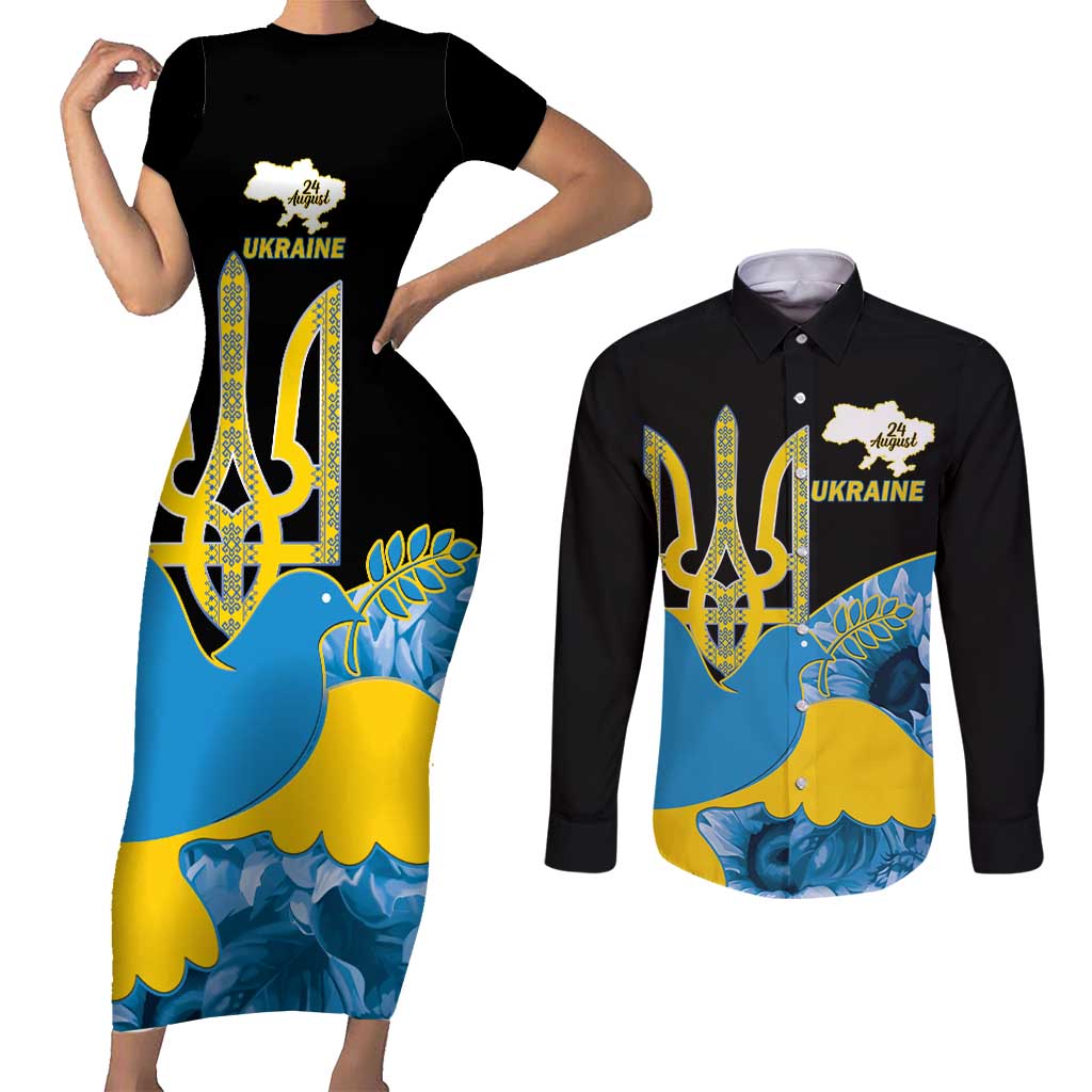 Ukraine Independence Day Couples Matching Short Sleeve Bodycon Dress and Long Sleeve Button Shirt Slava Ukraini Ukrainian Trident With Sunflowers - Wonder Print Shop