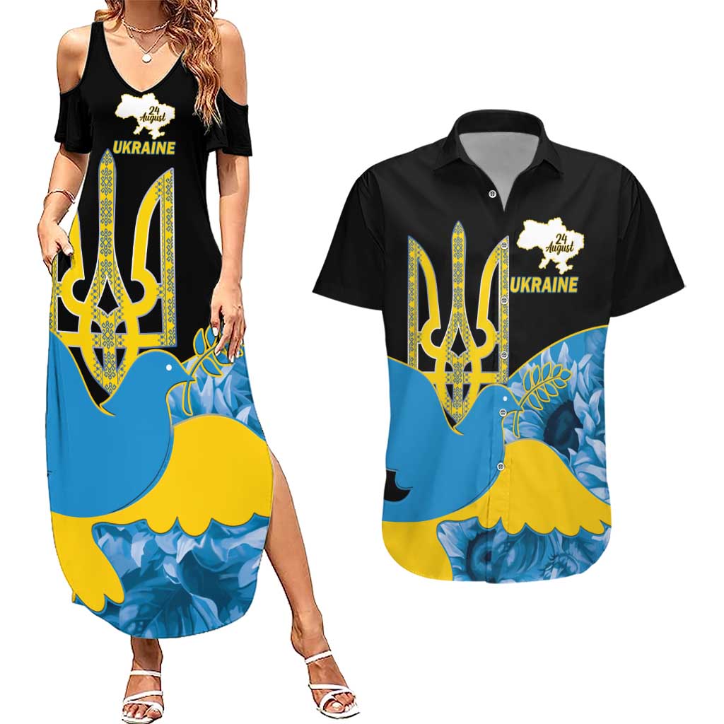 Ukraine Independence Day Couples Matching Summer Maxi Dress and Hawaiian Shirt Slava Ukraini Ukrainian Trident With Sunflowers - Wonder Print Shop