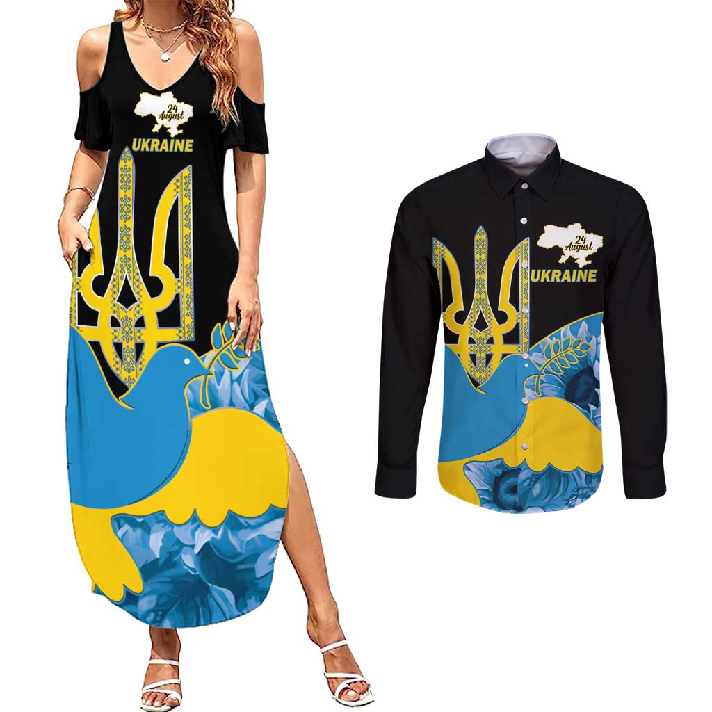 Ukraine Independence Day Couples Matching Summer Maxi Dress and Long Sleeve Button Shirt Slava Ukraini Ukrainian Trident With Sunflowers - Wonder Print Shop