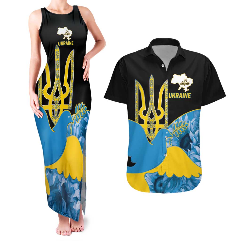 Ukraine Independence Day Couples Matching Tank Maxi Dress and Hawaiian Shirt Slava Ukraini Ukrainian Trident With Sunflowers - Wonder Print Shop