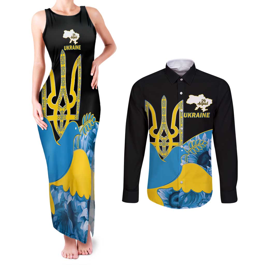 Ukraine Independence Day Couples Matching Tank Maxi Dress and Long Sleeve Button Shirt Slava Ukraini Ukrainian Trident With Sunflowers - Wonder Print Shop