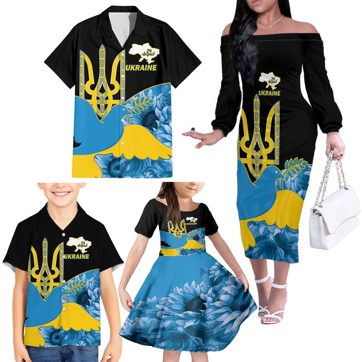 Ukraine Independence Day Family Matching Off The Shoulder Long Sleeve Dress and Hawaiian Shirt Slava Ukraini Ukrainian Trident With Sunflowers - Wonder Print Shop