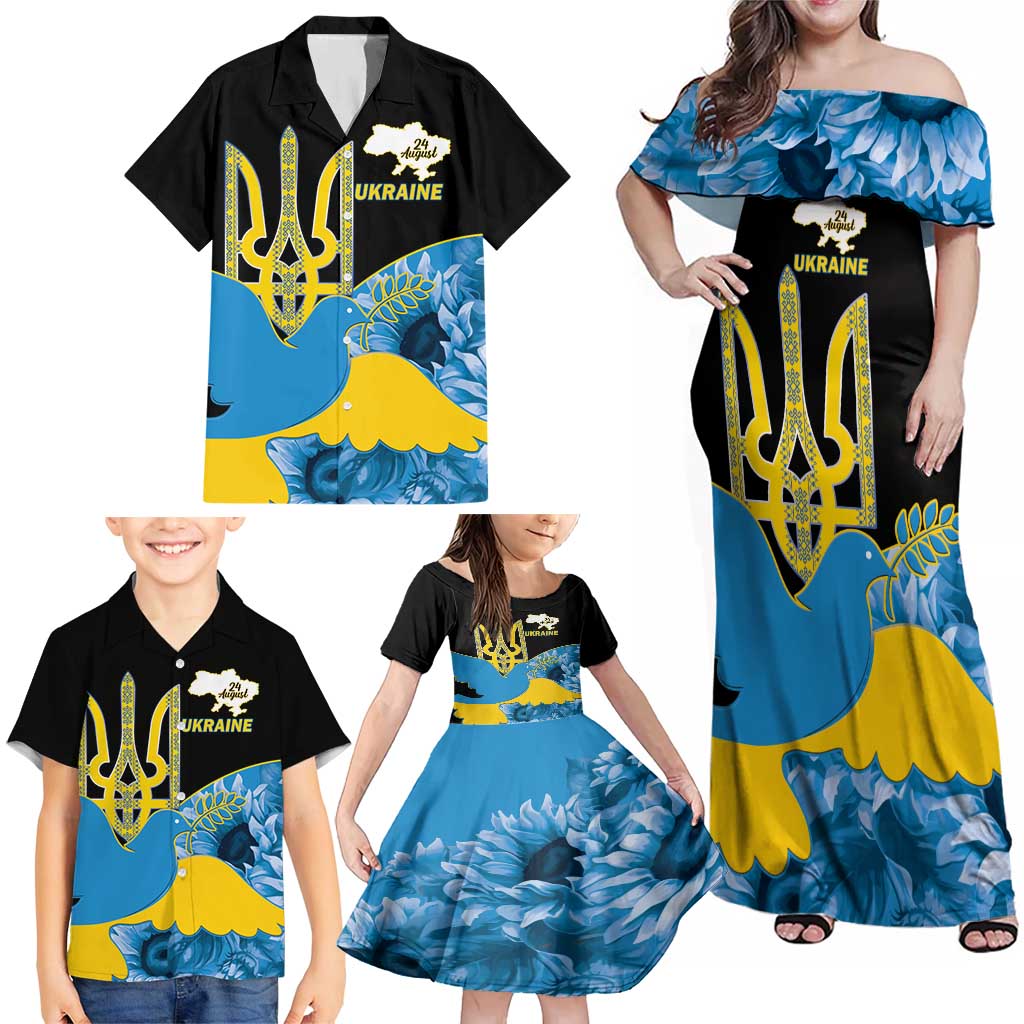 Ukraine Independence Day Family Matching Off Shoulder Maxi Dress and Hawaiian Shirt Slava Ukraini Ukrainian Trident With Sunflowers - Wonder Print Shop